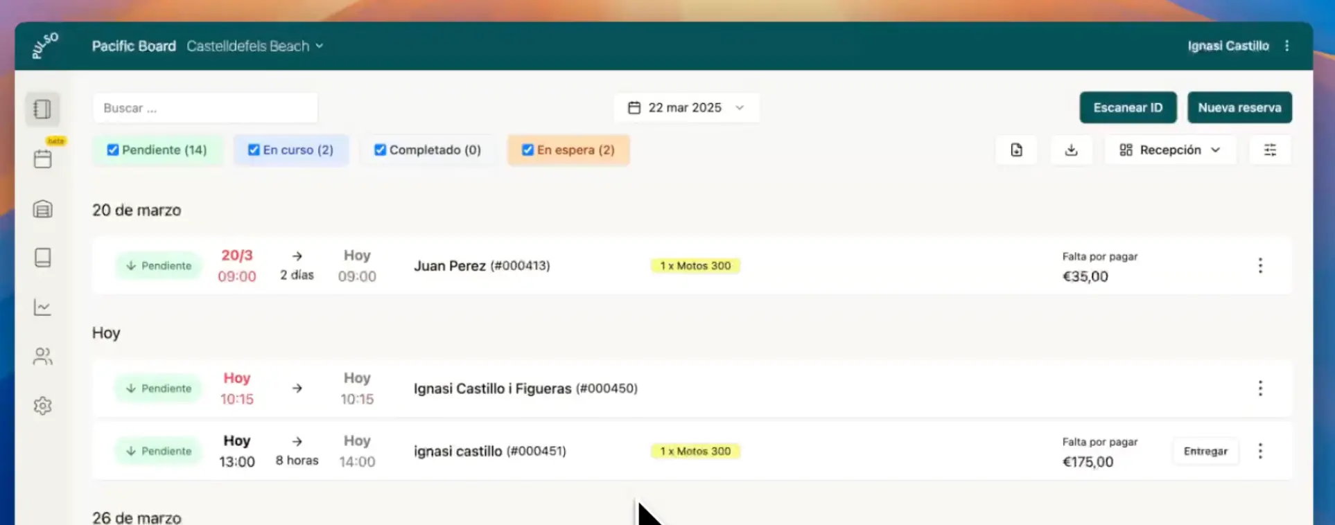 Pulso reception view with the location selector and the day's bookings